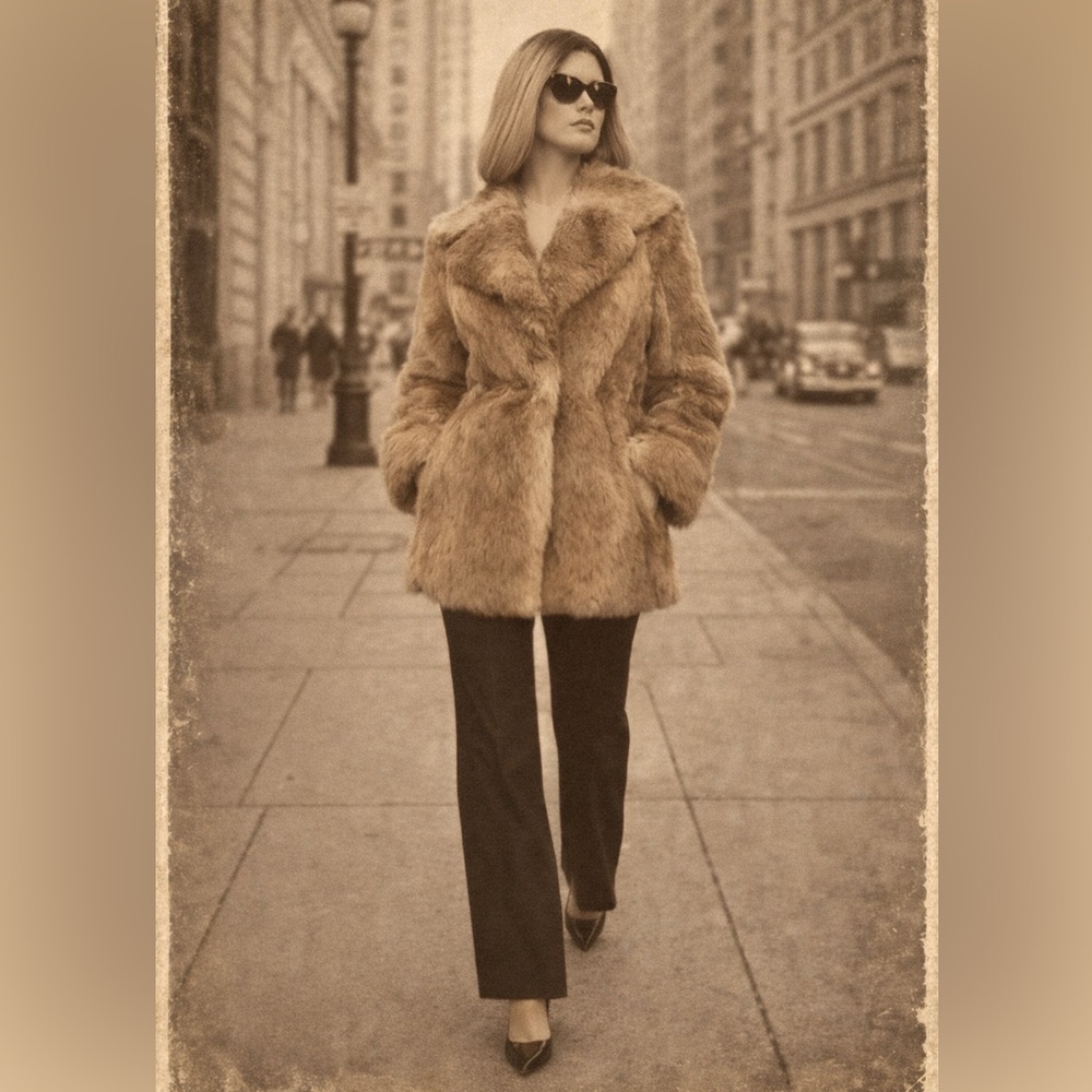 Vintage ELAM French Rabbit Fur Coat Caramel Brown Shawl Collar Glam 70s 80s